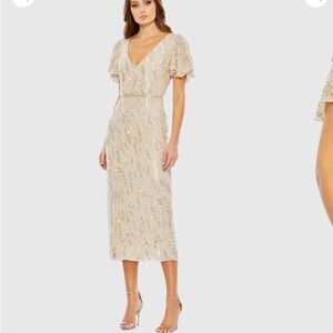 MAC DUGGAL Beige Sequined V Neck Flutter Sleeve Tea Length Dress | 8 | 93591